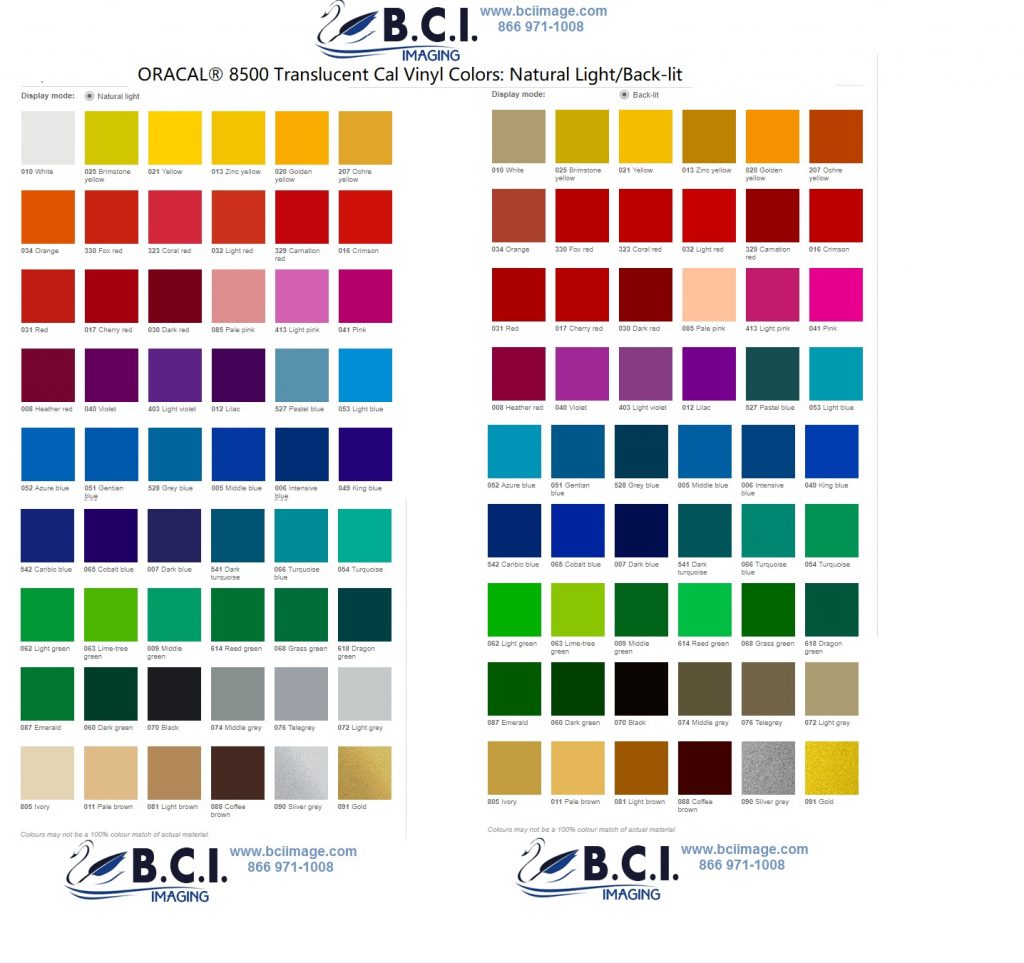 Oracal Translucent Vinyl Color Chart