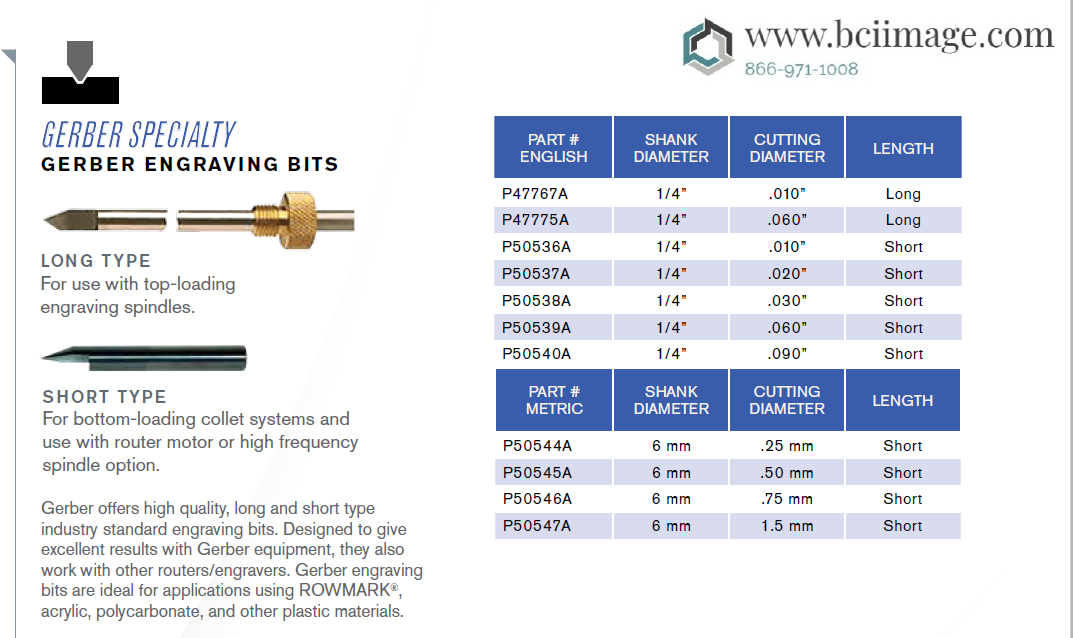 Gerber Routing Bits Gerber Engraving Bits 1/4” .030” P50538A - Image 2