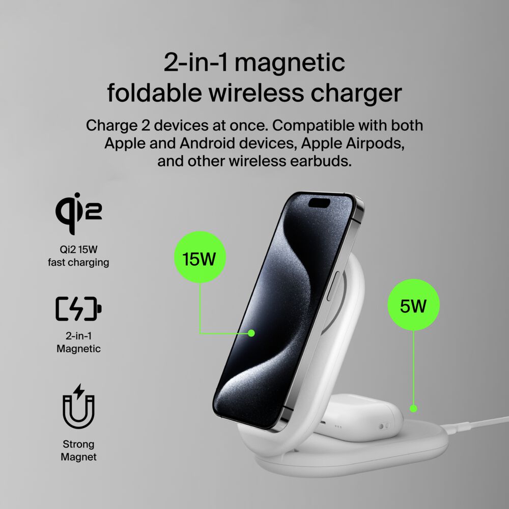 Belkin 2-in-1 Magnetic Foldable Wireless Charger with Qi2 15W - White, tt variant - Image 3