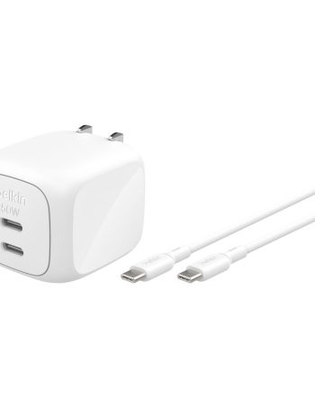 Belkin Dual USB-C GaN Wall Charger 50W + USB-C Cable - White, 50W USB-C to USB-C Cable