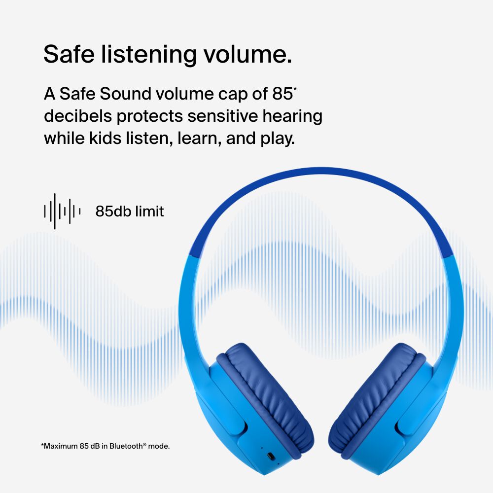 Belkin Wireless On-Ear Headphones for Kids - Blue, USB-C Cable - Image 2