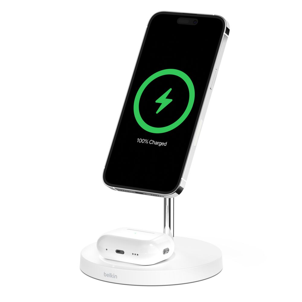 Belkin 2-in-1 Wireless Charger Stand with Official MagSafe Charging 15W (Certified Refurbished) - White