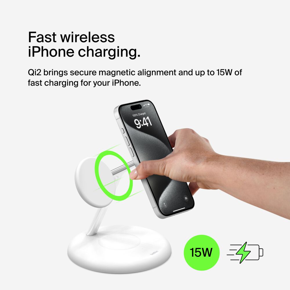 Belkin 3-in-1 Magnetic Wireless Charging Stand with Qi2 15W - White - Image 2