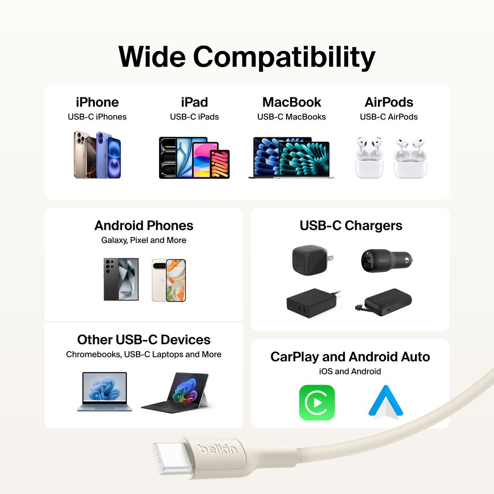 Belkin USB-C to USB-C Cable 60W, 6.6ft/2m, Sand - 6.6 ft, 1 Pack - Image 7