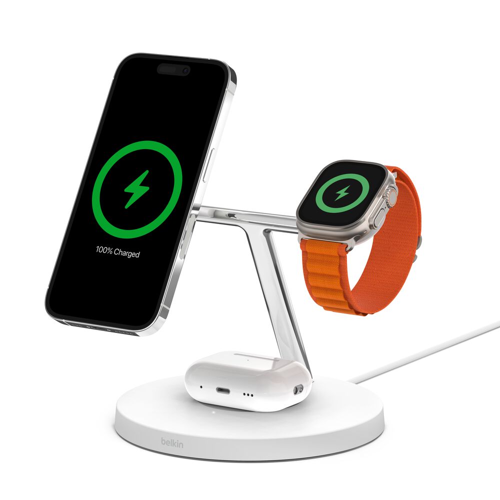 Belkin 3-in-1 Wireless Charger with Official MagSafe Charging 15W (Certified Refurbished) - White