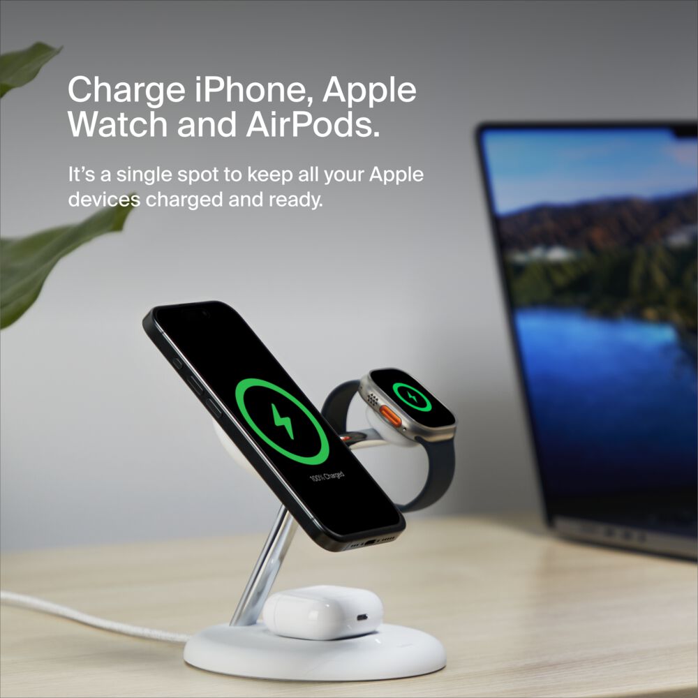 Belkin 3-in-1 Magnetic Wireless Charging Stand with Qi2 15W - White - Image 4