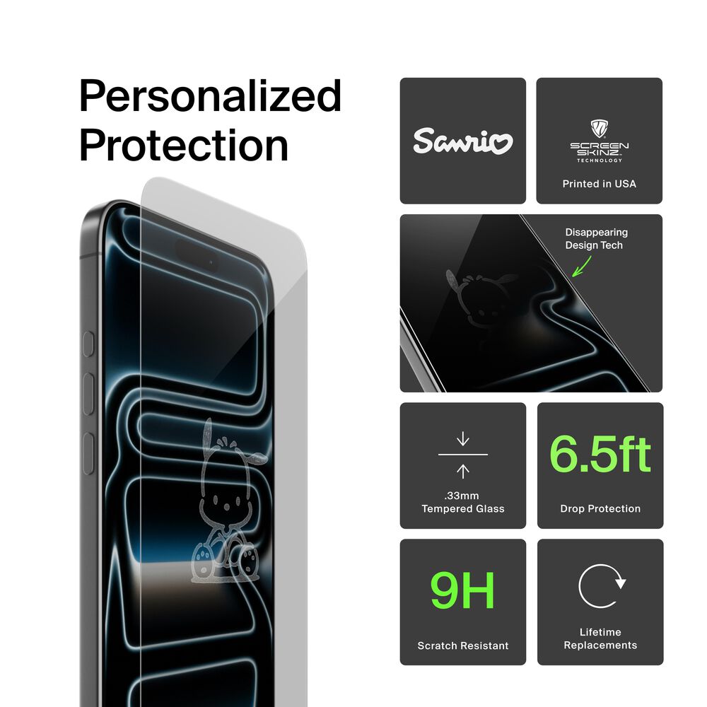 Belkin Pochacco Sitting Custom Glass Screen Protector - iPhone 16/15/15 Pro, Clear - Image 2