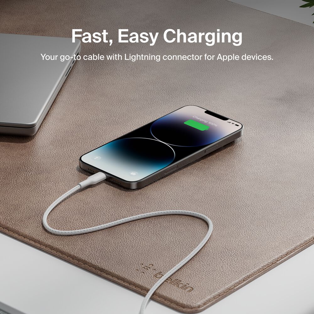 Belkin USB-C Braided Cable with Lightning Connector, 3.3ft/1m, White - 3.3 ft, 1 Pack - Image 2