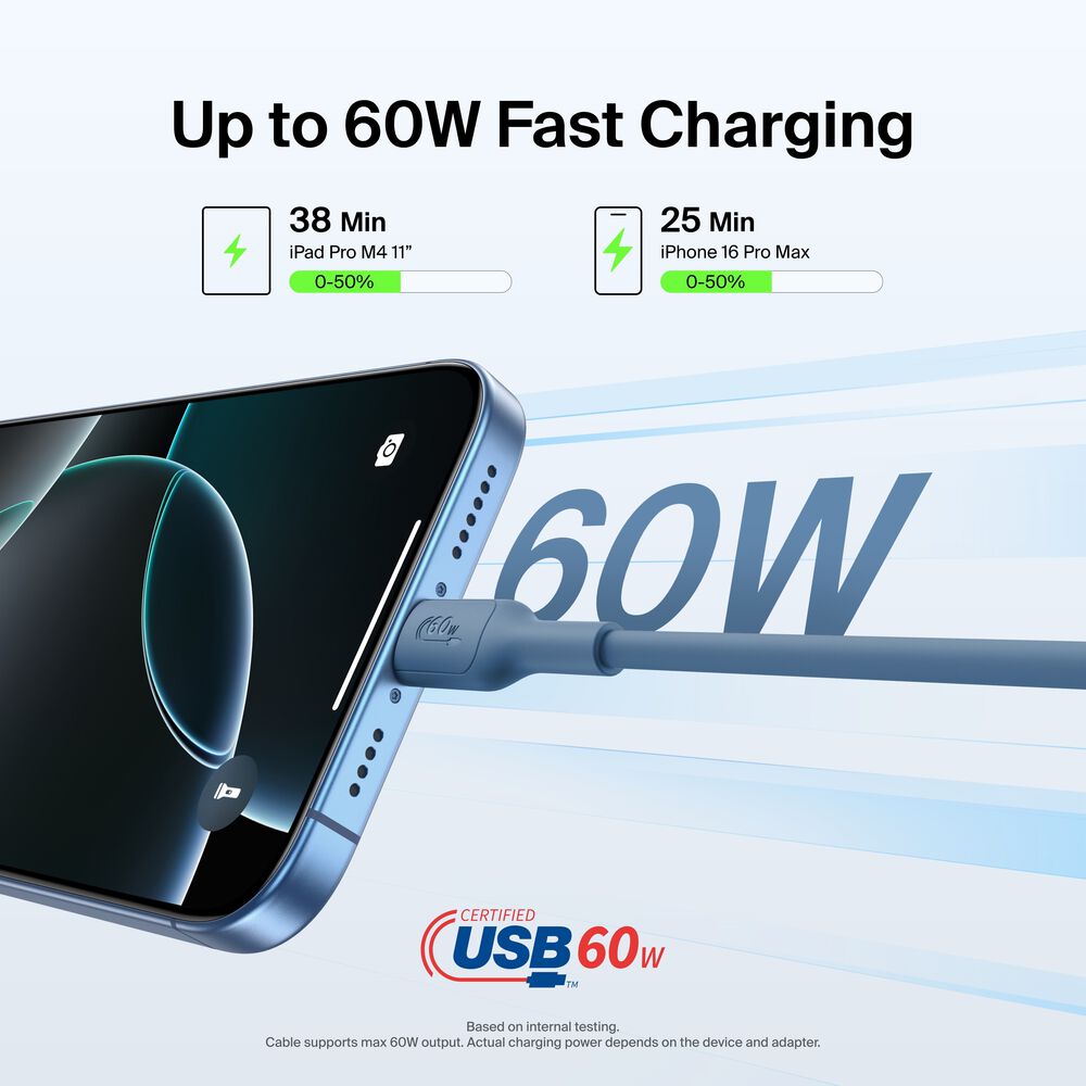 Belkin USB-C to USB-C Cable 60W, 3.3ft/1m, Blue - 3.3 ft, 1 Pack - Image 2