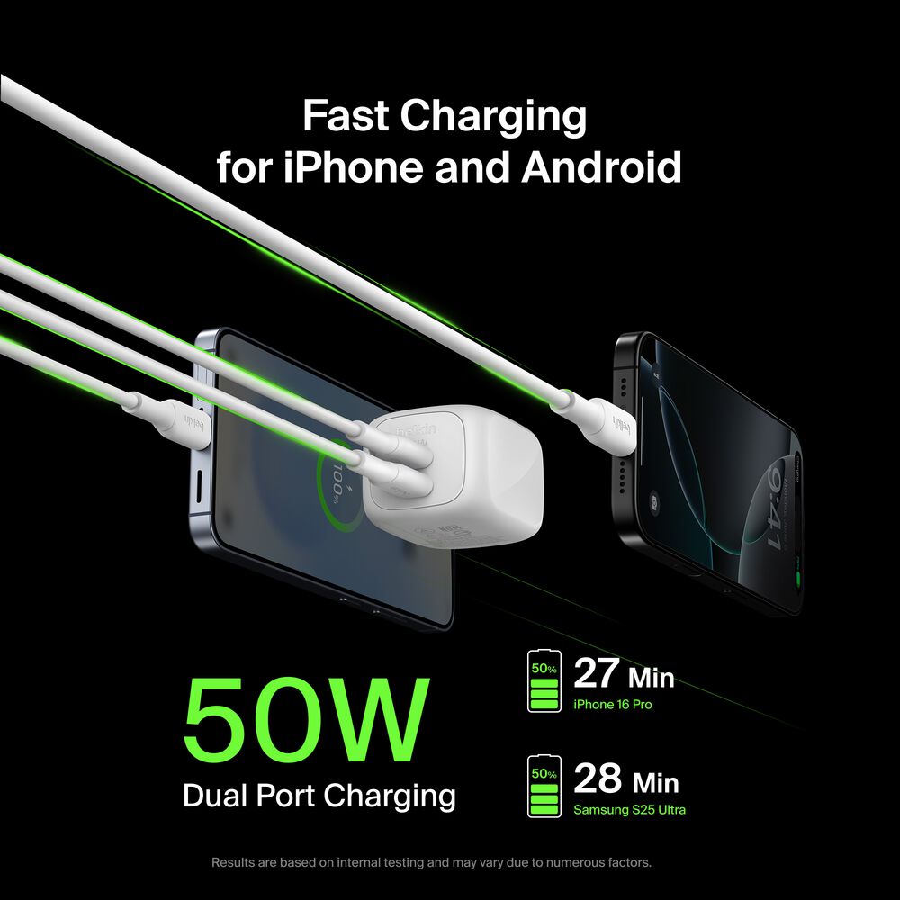 Belkin Dual USB-C GaN Wall Charger 50W + USB-C Cable - White, 50W USB-C to USB-C Cable - Image 5