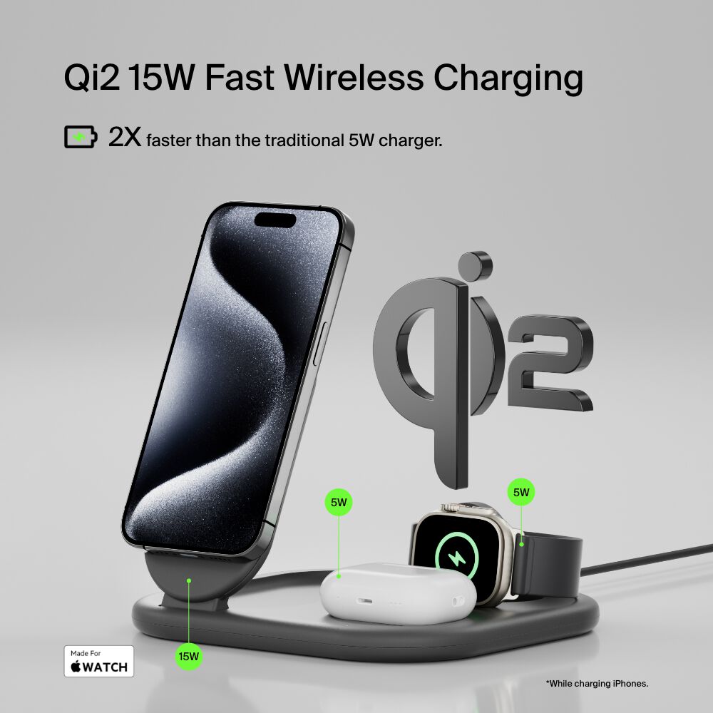 Belkin 3-in-1 Magnetic Foldable Wireless Charger with Qi2 15W - Black, tt variant - Image 2