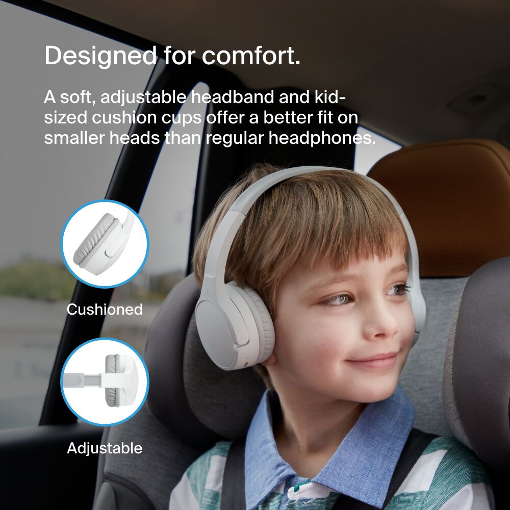 Belkin Wireless On-Ear Headphones for Kids - White, USB-C Cable - Image 5