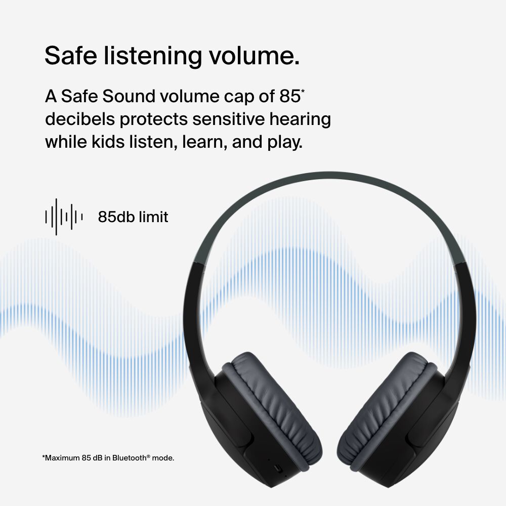 Belkin Wireless On-Ear Headphones for Kids - Black, USB-C Cable - Image 2