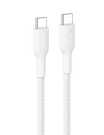 Belkin Braided USB-C to USB-C Cable 60W, 3.3ft/1m, White - 3.3 ft, 1 Pack