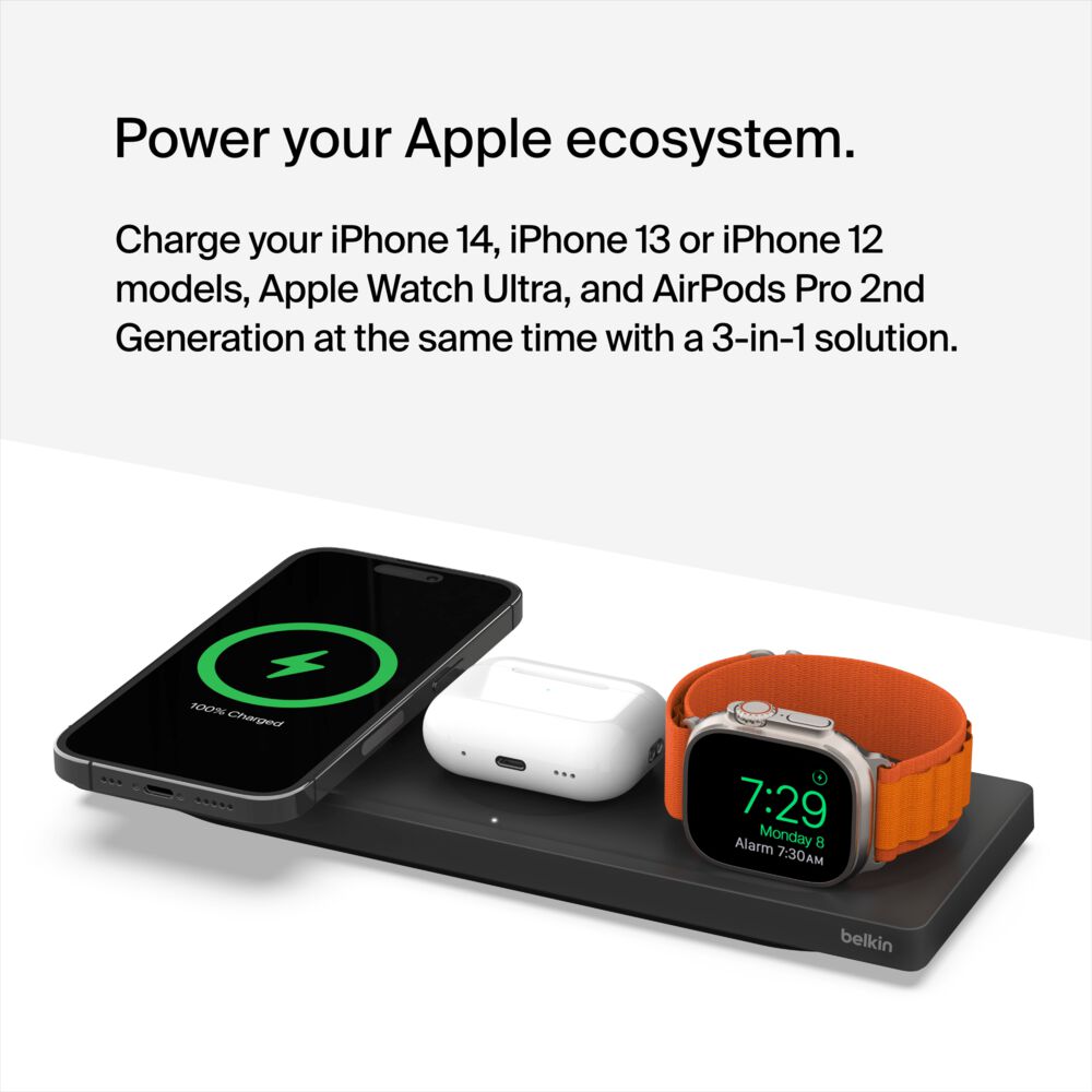 Belkin 3-in-1 Wireless Charging Pad with Official MagSafe Charging 15W (Certified Refurbished) - Black - Image 4