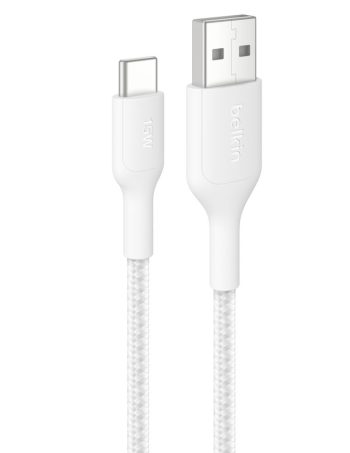 Belkin Braided USB-A to USB-C Cable 15W, 3.3ft/1m, White - 3.3 ft, 1 Pack