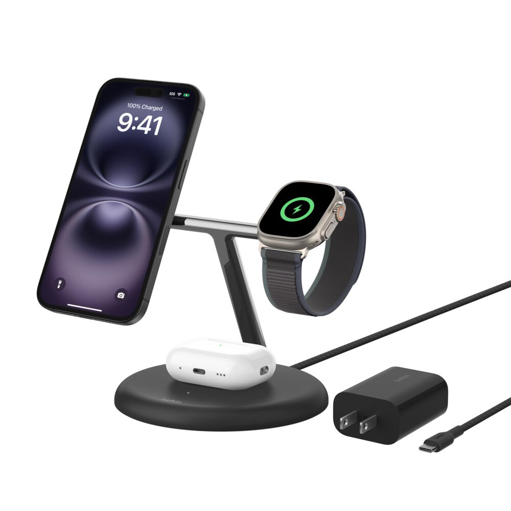 Belkin 3-in-1 Magnetic Wireless Charging Stand with Qi2 15W - Black