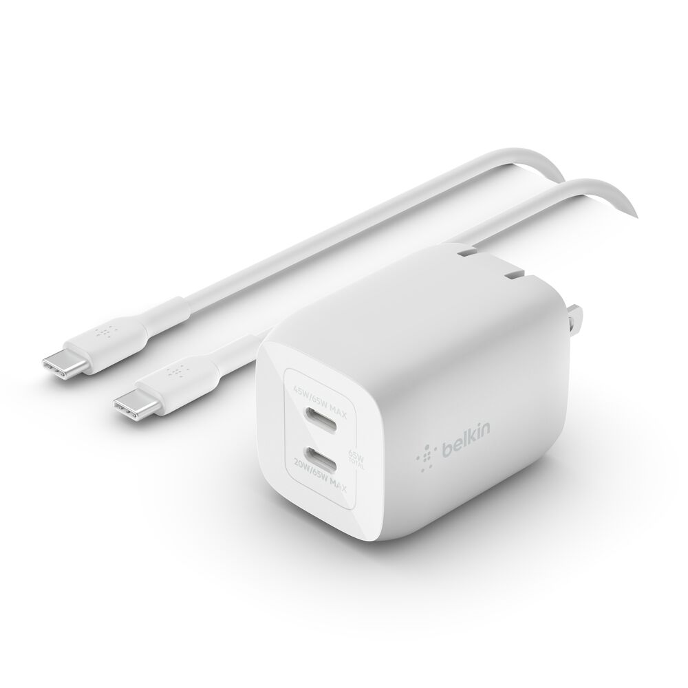 Belkin Dual USB-C GaN Wall Charger with PPS 65W + USB-C to USB-C Cable