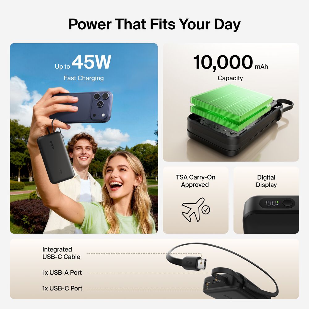 Belkin Power Bank 10K with Integrated Cable and Display - Black, 10K, 11.5in cable - Image 2