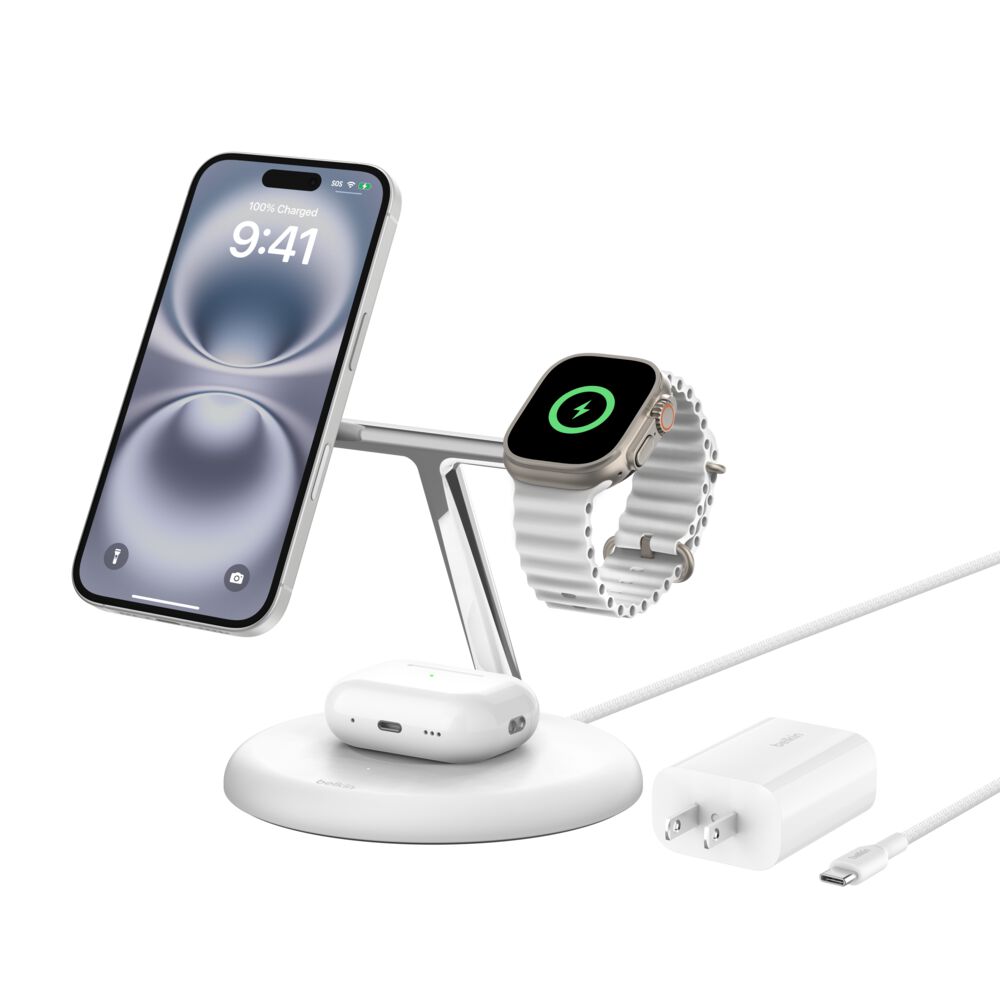 Belkin 3-in-1 Magnetic Wireless Charging Stand with Qi2 15W - White