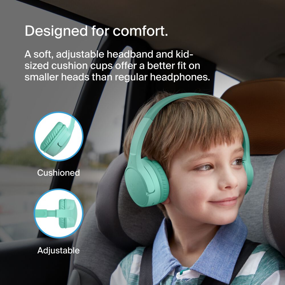 Belkin Wireless On-Ear Headphones for Kids - Mint, USB-C with Carrying Case - Image 5
