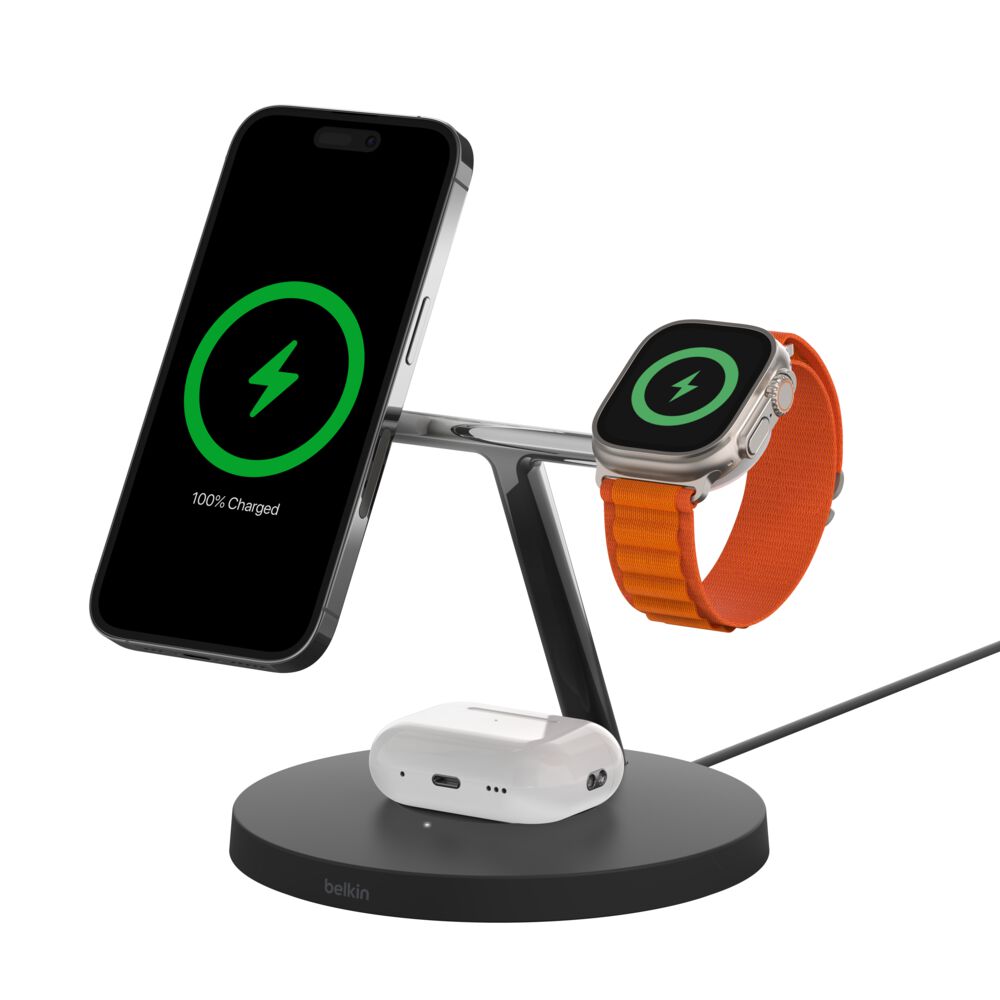 Belkin 3-in-1 Wireless Charger with Official MagSafe Charging 15W (Certified Refurbished) - Black