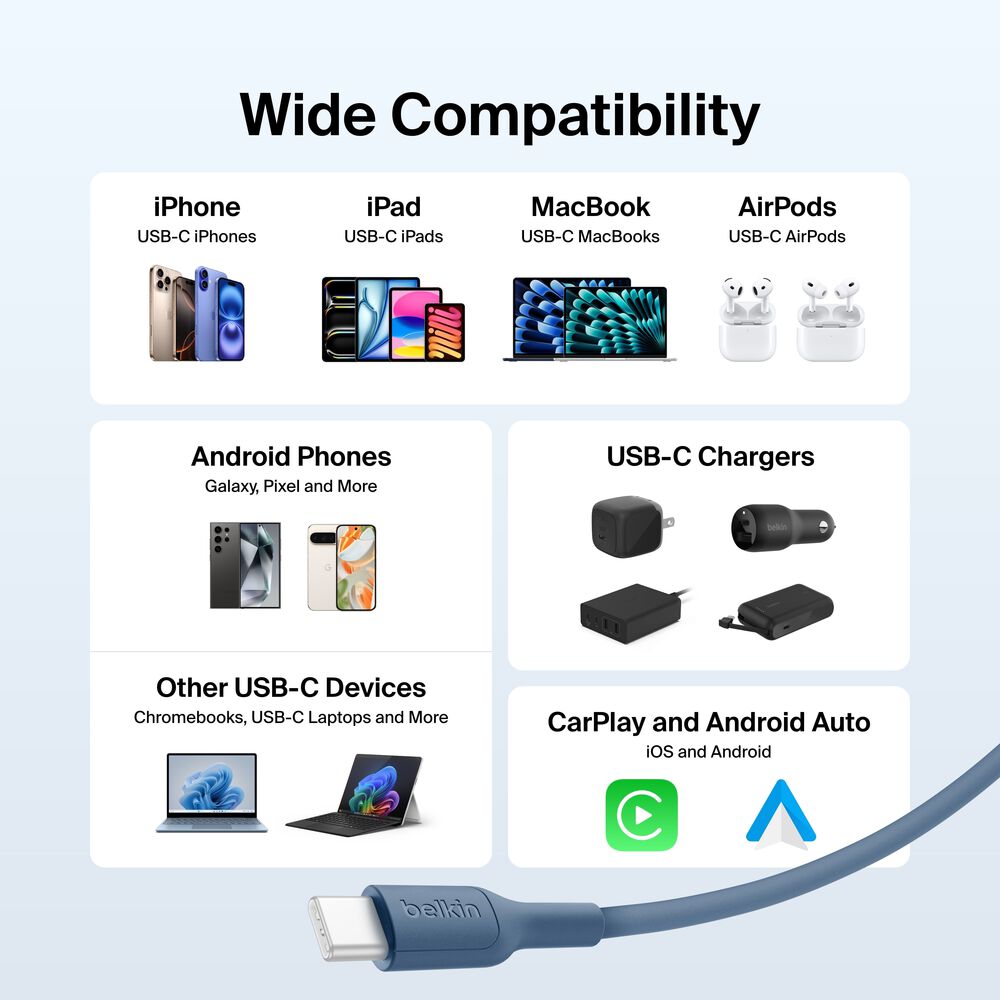 Belkin USB-C to USB-C Cable 60W, 3.3ft/1m, Blue - 3.3 ft, 1 Pack - Image 7