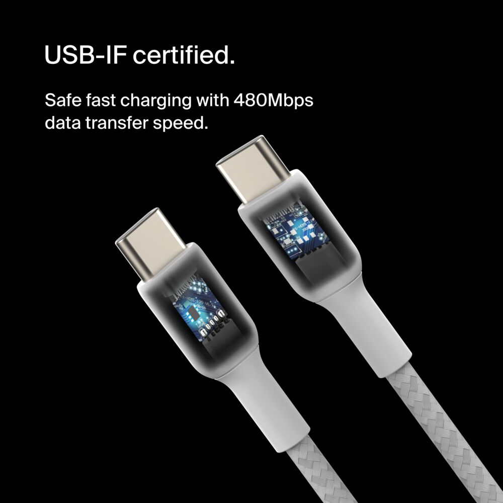 Belkin Braided USB-C to USB-C Cable 60W (1m / 2 packs) - White, 3.3 ft - Image 3