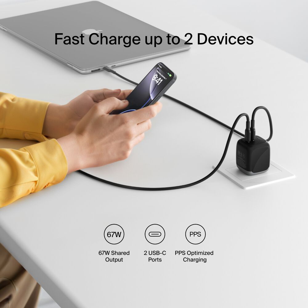 Belkin Dual USB-C GaN Wall Charger 67W - Black, 67W Standalone - Image 2