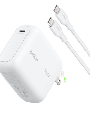 Belkin USB-C GaN Wall Charger 100W + USB-C Cable - USB-C Cable, Foldable Plug, White