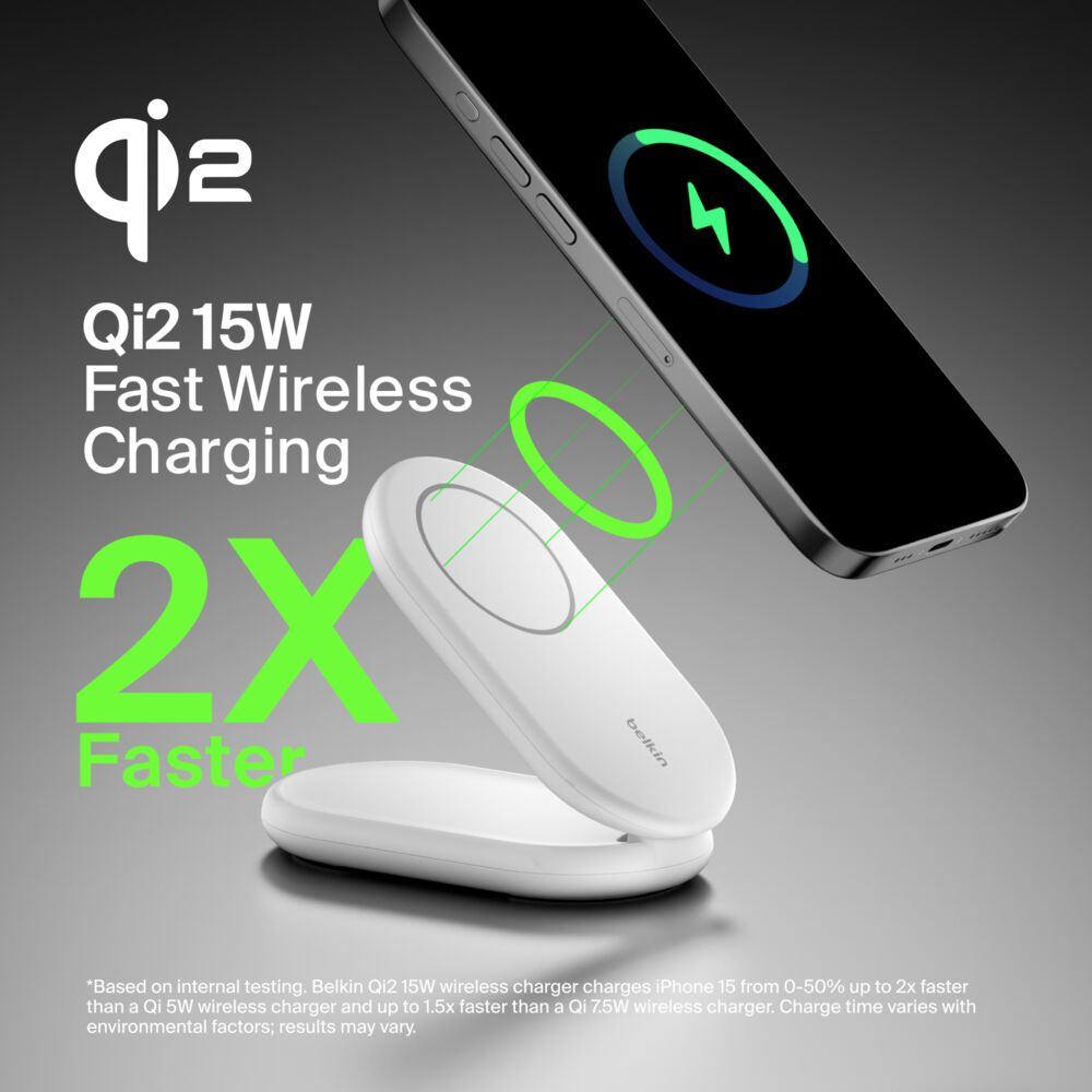 Belkin Magnetic Foldable Wireless Charger with Qi2 15W - White, Power Supply Included - Image 2