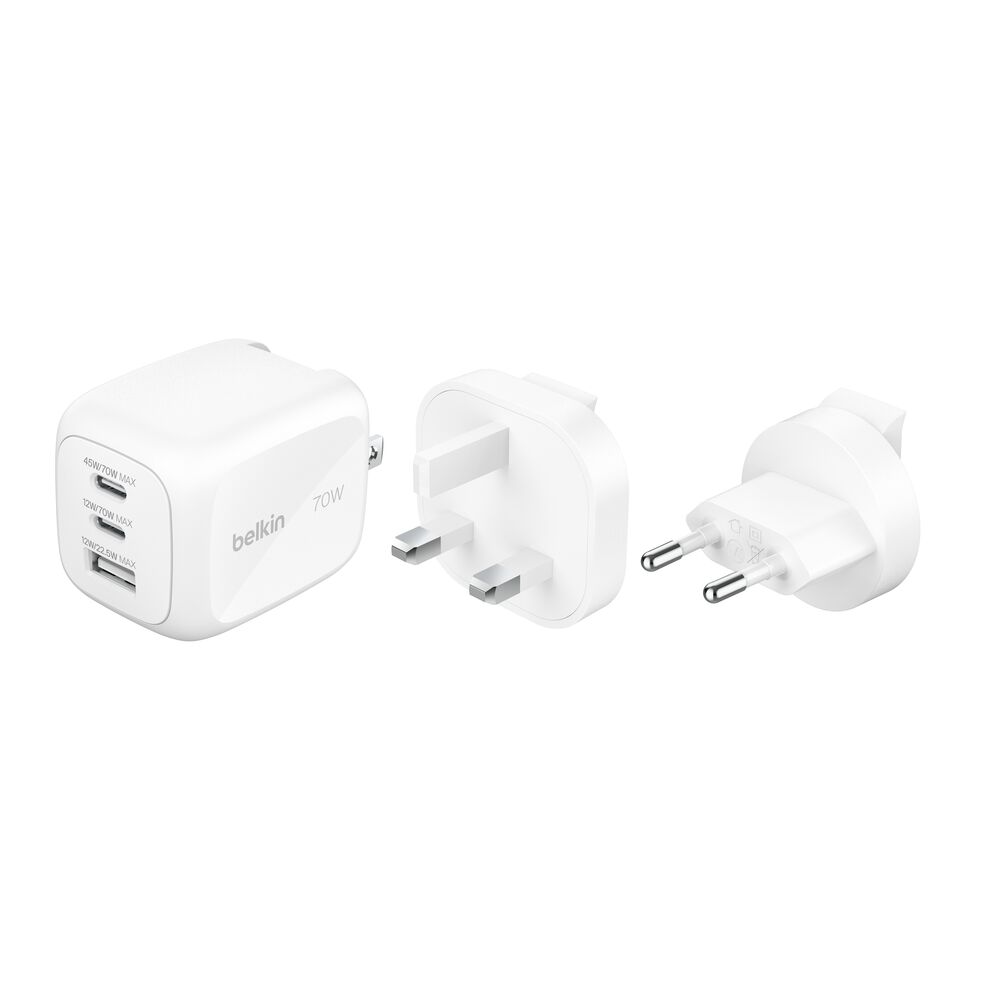 Belkin 3-Port GaN Wall Charger 70W + Travel Adapter Kit - White