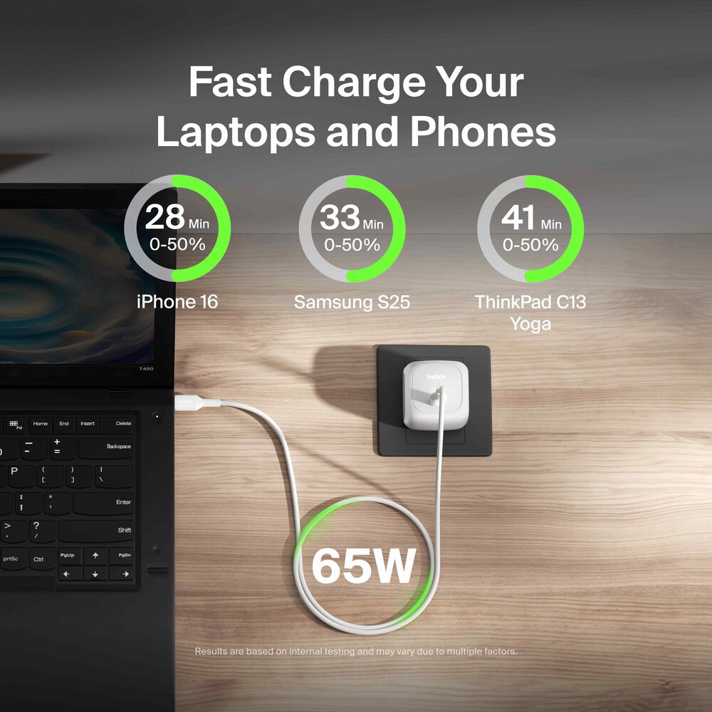 Belkin Compact USB-C Charger 65W + USB-C Cable - White, 65W USB-C to USB-C cable - Image 2