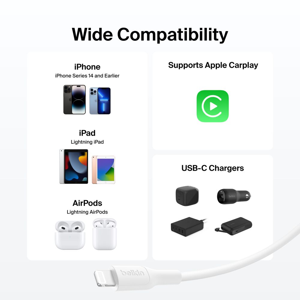 Belkin USB-C Braided Cable with Lightning Connector, 3.3ft/1m, White - 3.3 ft, 1 Pack - Image 7