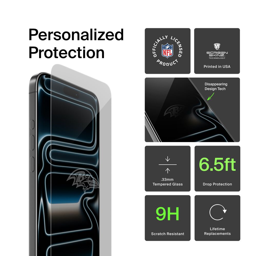 Belkin Baltimore Ravens Custom Glass Screen Protector - iPhone 16 Pro, Clear - Image 2