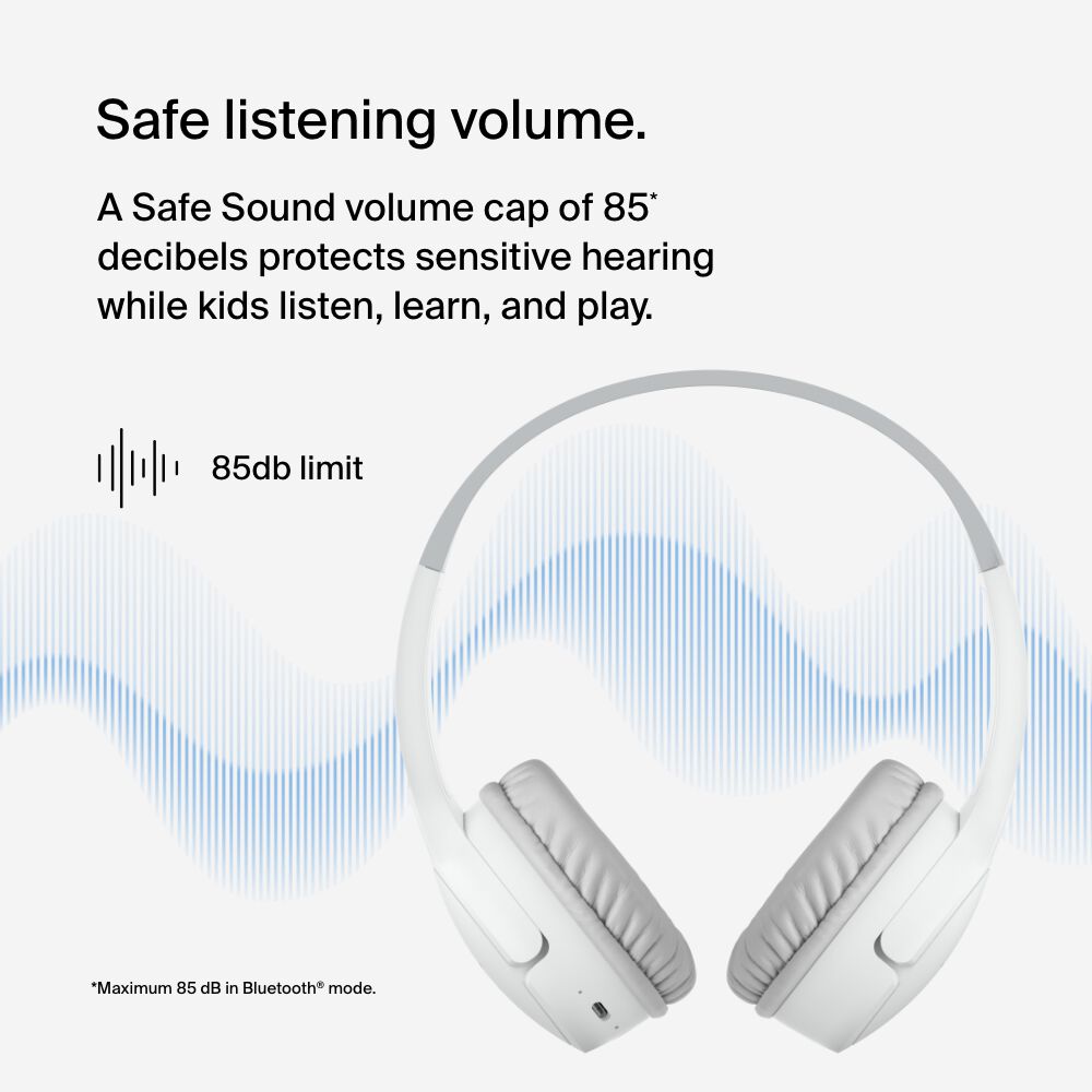 Belkin Wireless On-Ear Headphones for Kids - White, USB-C Cable - Image 2