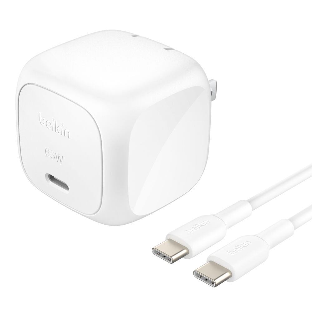 Belkin Compact USB-C Charger 65W + USB-C Cable - White, 65W USB-C to USB-C cable