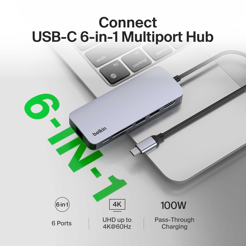 Belkin USB-C 6-in-1 Multiport Hub - Space Gray, 4K@60Hz - Image 2