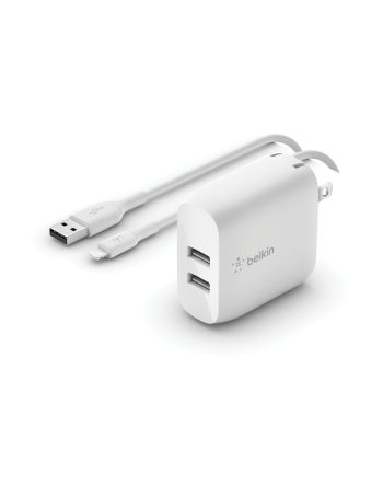 Belkin Dual USB-A Wall Charger 24W + Lightning to USB-A Cable - White, dq