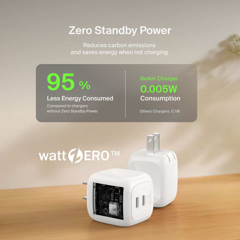 Belkin Dual USB-C GaN Wall Charger 50W + USB-C Cable - White, 50W USB-C to USB-C Cable - Image 6