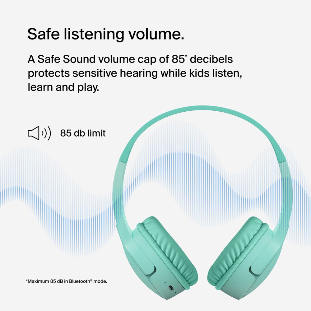 Belkin Wireless On-Ear Headphones for Kids - Mint, USB-C with Carrying Case - Image 2
