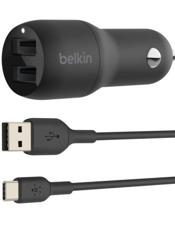 Belkin Dual USB-A Car Charger 24W + USB-A to USB-C Cable - Black, 1.0 meters