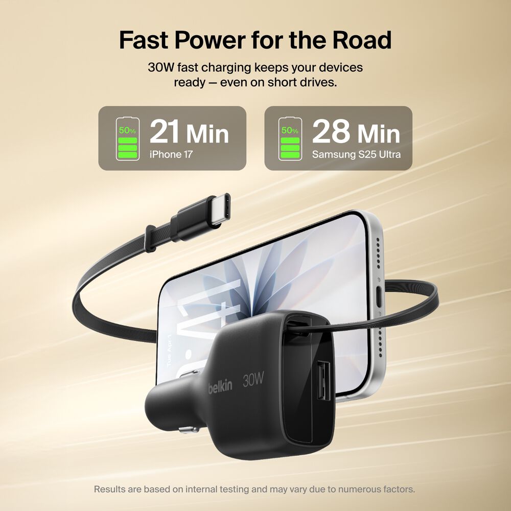 Belkin Retractable Car Charger 30W - Black - Image 2