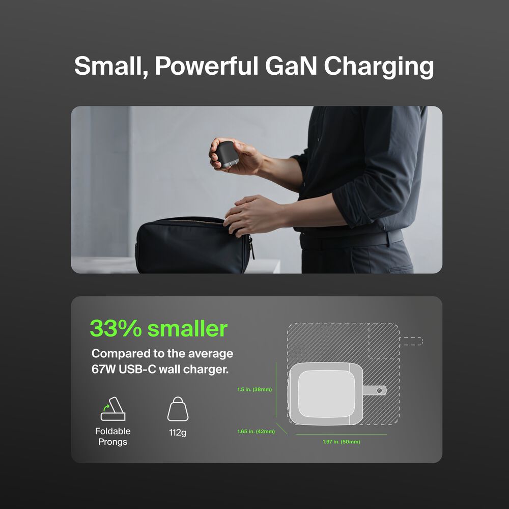 Belkin Dual USB-C GaN Wall Charger 67W - Black, 67W Standalone - Image 3
