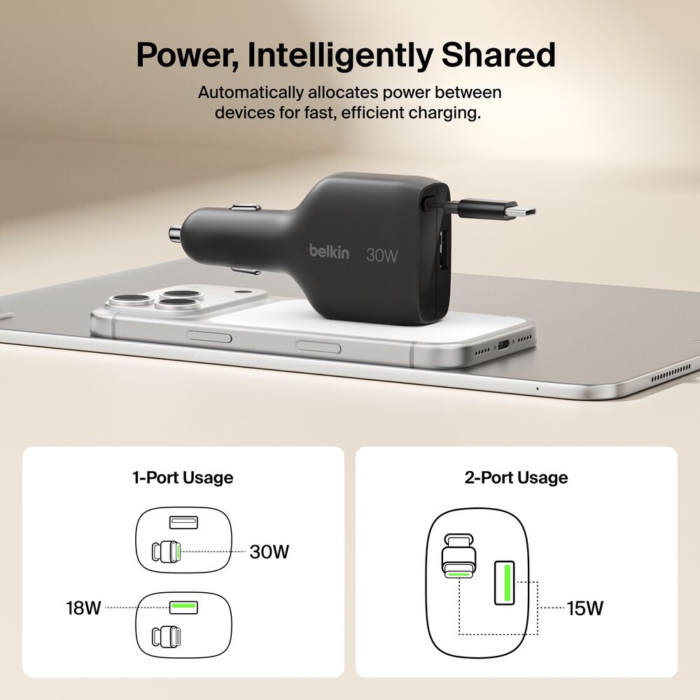 Belkin Retractable Car Charger 30W - Black - Image 6
