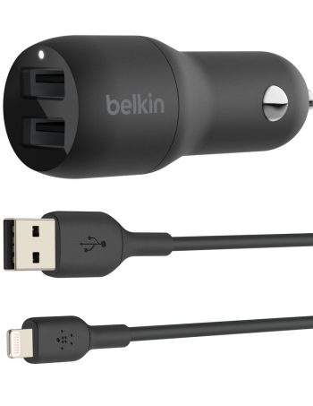 Belkin Dual USB-A Car Charger 24W + USB-A to Lightning Cable - Black, 1.0 meters