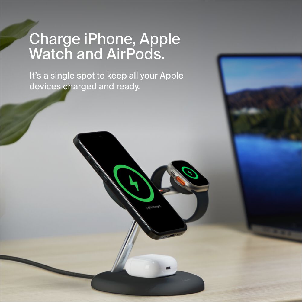 Belkin 3-in-1 Magnetic Wireless Charging Stand with Qi2 15W - Black - Image 4