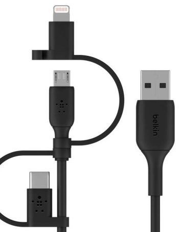 Belkin USB Cable - USB-A Left Connector - Male Left Gender - USB Type-C,Micro-USB,Lightning Right Connector - Male Right Gender - 1M Length - Black – CAC001BT1MBK