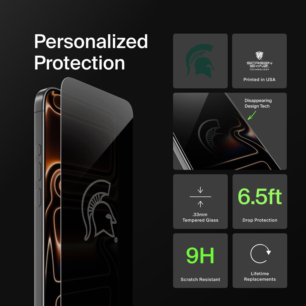 Belkin Michigan State Spartans Custom Glass Screen Protector - iPhone 16 Plus/15 Plus/15 Pro Max, Privacy - Image 2