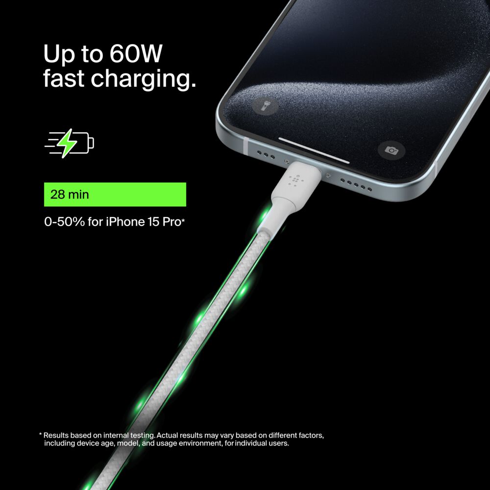 Belkin Braided USB-C to USB-C Cable 60W (1m / 2 packs) - White, 3.3 ft - Image 2